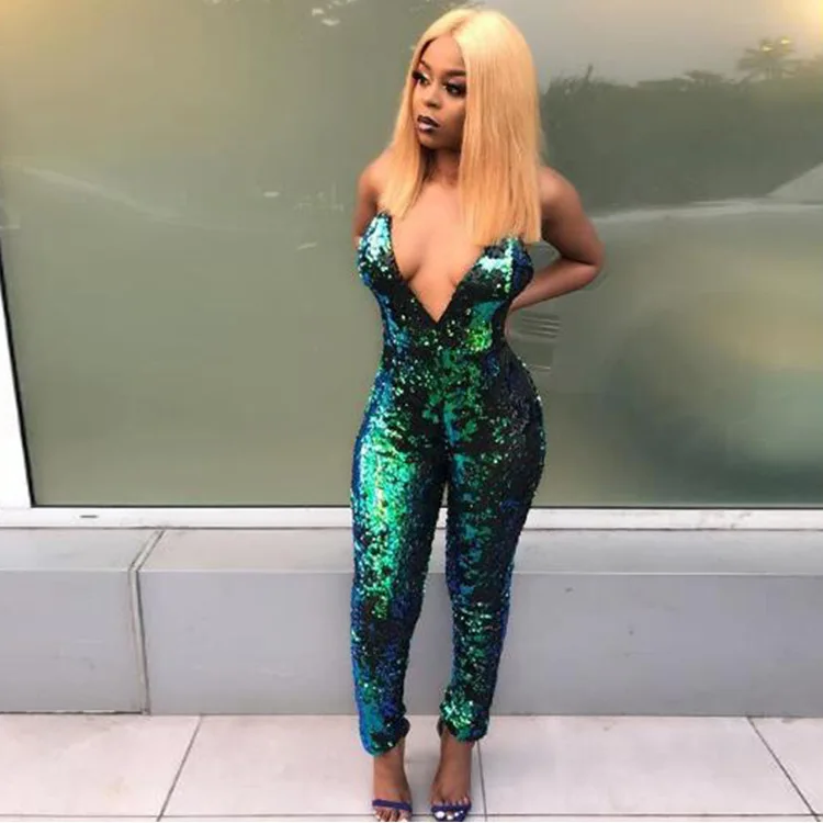 

Womens Shiny Sexy Sequins Jumpsuits Off Shoulder Strapless Deep V Neck Playsuit Bandage Slim Jumpsuit Rompers Clubwear