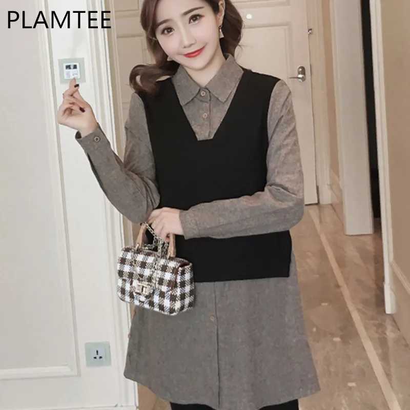 

PLAMTEE Spring Long Sleeves Fake Two Long Matrenity Blouse Fashion Loose Clothes For Pregnant Women Female Shirt New 2018