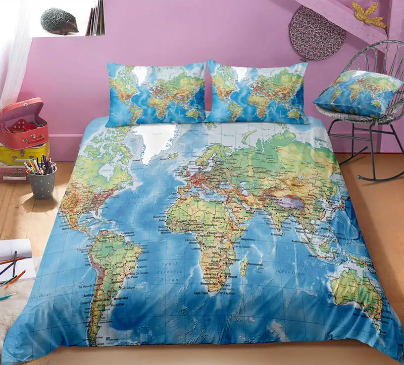 3D World Map Geography Pattern Printing Duvet Cover With Pillowcases Twin/ Queen/ King Bedding Set