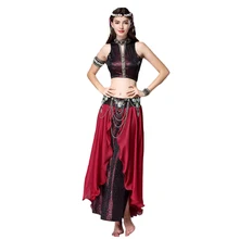 Женский танцевальный костюм, комплект из 2 предметов, бронзовый топ с v-образным вырезом, юбка с поясом, племенная одежда для занятий Танцем Живота, винтажная