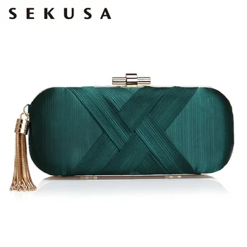

SEKUSA Tassel Fashion Women Clutches Shoulder Chain Lady Handbags Metal Golden Long Design Party Wedding Female Purse Bag