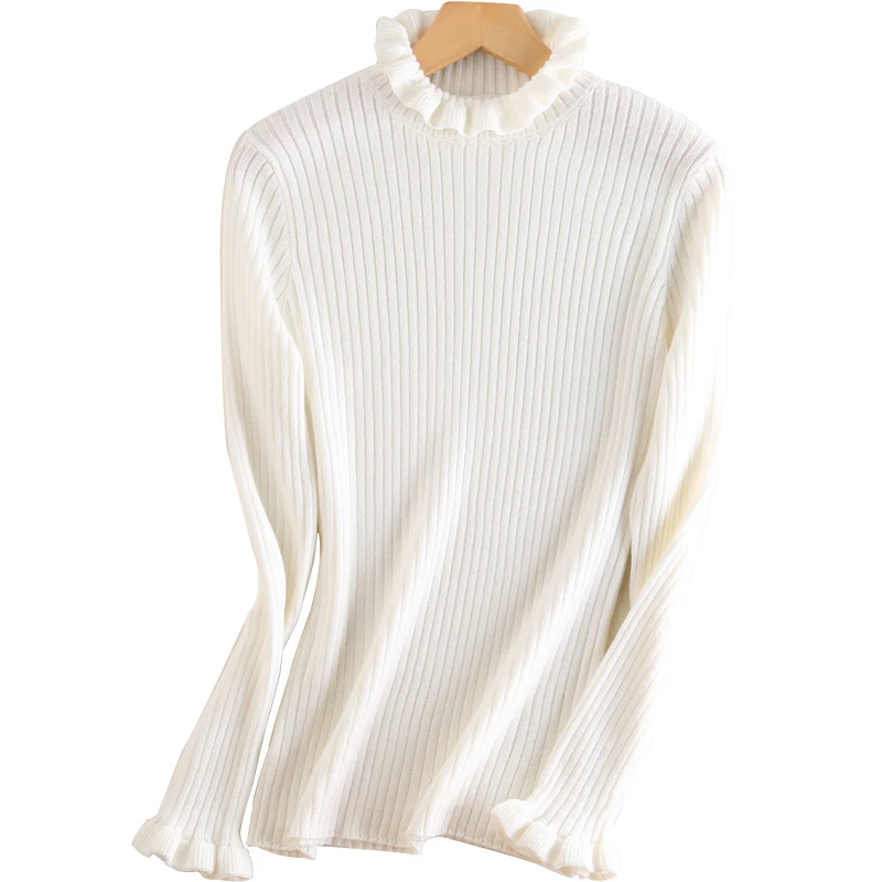 Wooden Ear Half-high Collar Slim Pullover Female Autumn Winter New Sweet Ruffled Bottoming Shirt Long Sleeve Sweater Women | Женская
