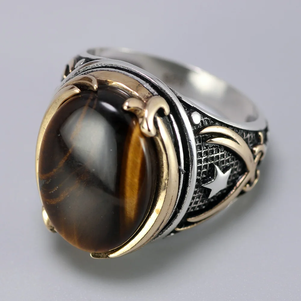 Online Genuino sólido 925 anillos de plata Cool Vintage anillos naturales Ojo de Tigre grandes anillos turcos para hombres con joyas de piedras turcas