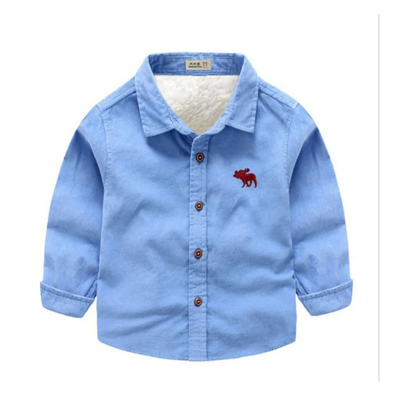 Зимние Утепленные рубашки для мальчиков, повседневные рубашки из хлопка и шерсти для маленьких мальчиков модная Милая одежда с длинными рукавами для детей возрастом от 3 до 9 лет - Цвет: sky blue