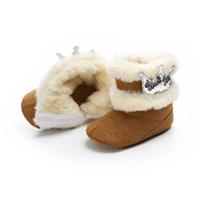 Newborn Baby Shoes Winter Warm Baby Boots Crown Fur Slip-On Furry Infant Warm Prewalkers Soft Sole Shoes For Girls 0-18M