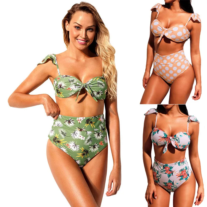 

2pcs/set Women Swimsuit Tops+Panties Polka Dot Wire-Free Backless High Waist FG66