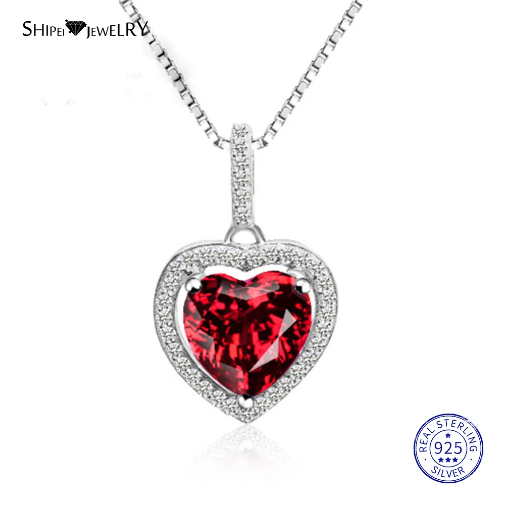 

ShiPei 100% 925 Sterling Silver Sapphire Ruby Emerald Heart Pendant Necklace for Women Lover Anniversary Gift Fine Jewelry