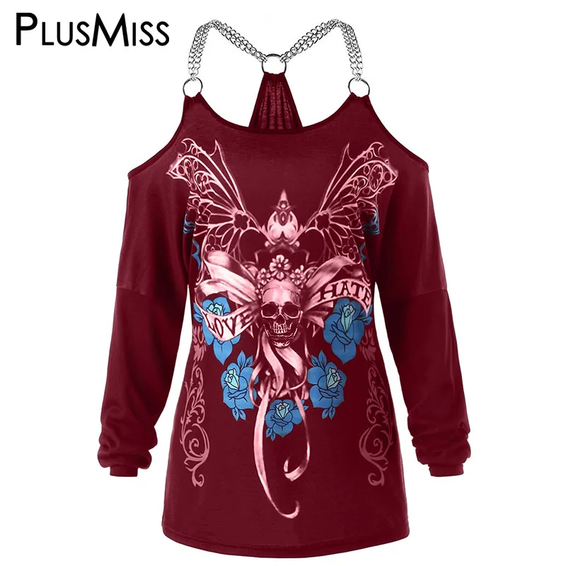 PlusMiss/большие размеры 5XL украшенная цепочкой Футболка с принтом черепа женская