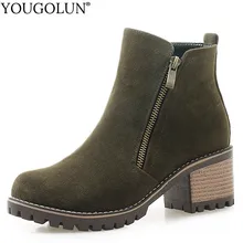 Ботильоны на высоком каблуке; Женская Осенняя обувь из флока на молнии; женские ботинки для верховой езды на толстом каблуке с круглым носком; цвет черный, армейский, зеленый, серый; A232
