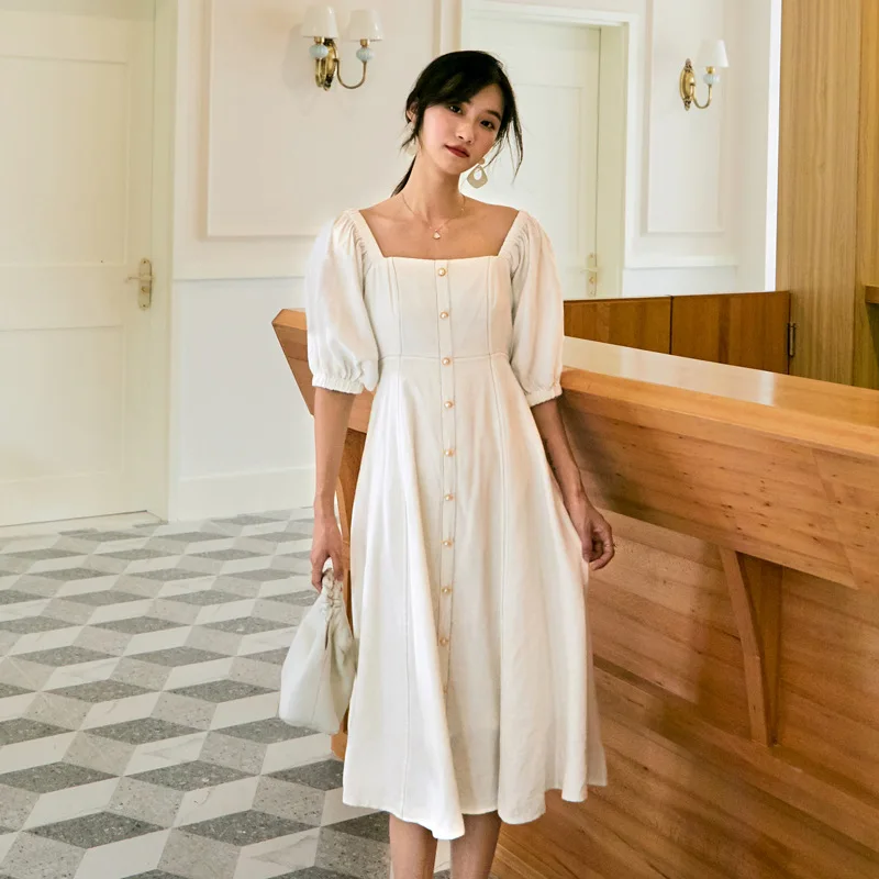 

2019 new fashion women's dresses Square collar high waist dress long pearl button short sleeve summer