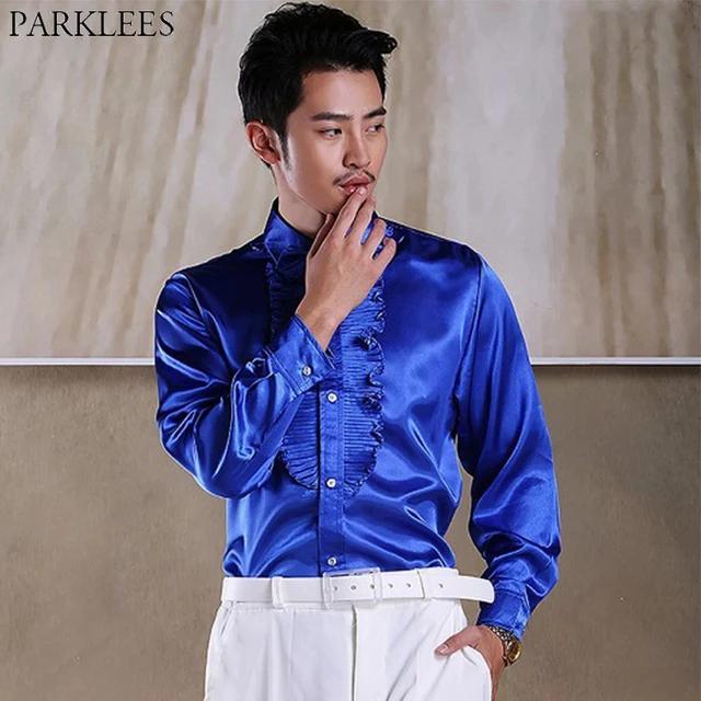 Royal Blue Ruffle Silk Satin Shirt Men 2019 New Slim Fit Long Sleeve