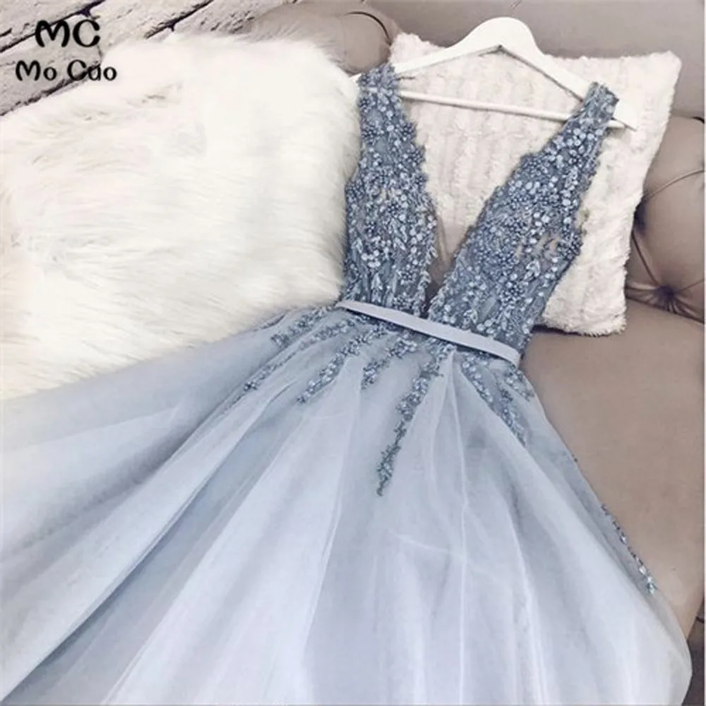 

Elegant Blue Evening Dresses Long Prom Gown Long with Appliques Double V-Neck Vestidos de fiesta Tulle Women Evening Dress