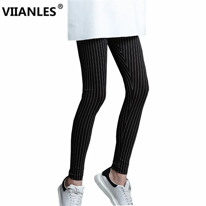 

VIIANLES Vertical Stripe Leggings Fashion Leggins Stretchy Slim Spring Autumn Casual Trousers Hot Legging Black Skinny Mujer