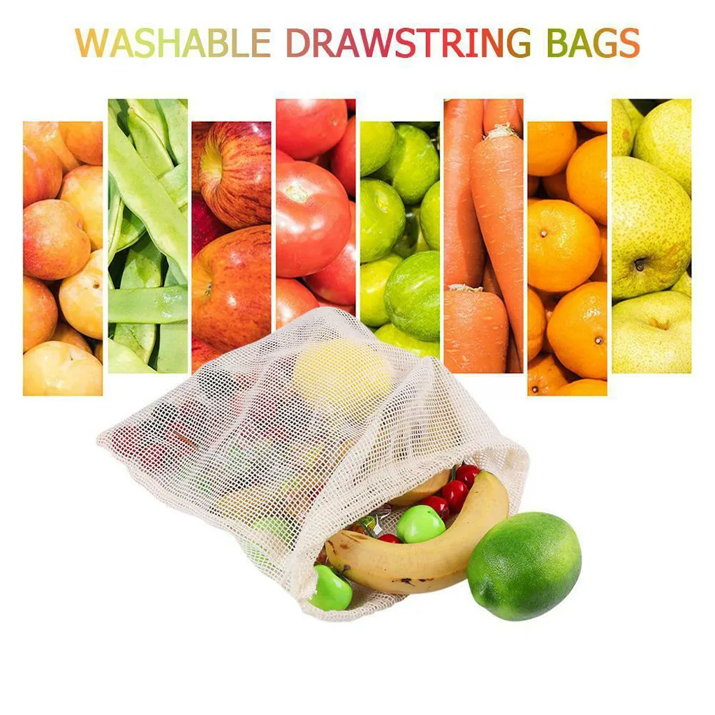 

Reusable Produce Bags Organic Natural Cotton Mesh Vegetable Fruit Storage Pouch
