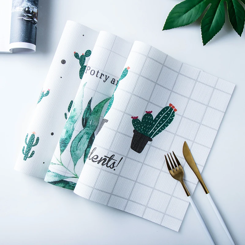 الفاخرة تحديد الموقع ل طاولة طعام المائدة سادة الأخضر النباتات الصبار أوراق PVC الجدول حصيرة للماء المفارش منصات عاء كوستر