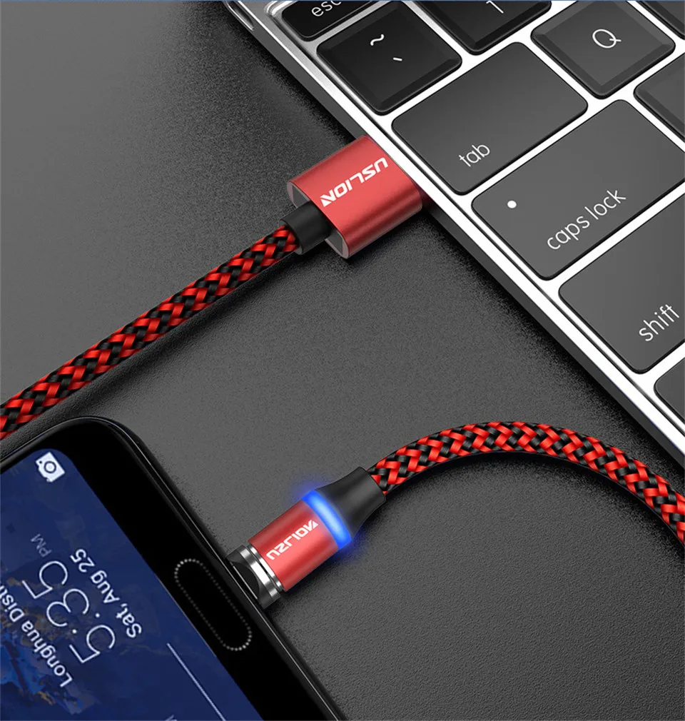USLION Магнитный зарядный кабель Micro usb type C кабель для iPhone XR XS MAX Магнитный светодиодный кабель для зарядки USB C для samsung Xiaomi