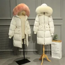 Зимняя теплая Женская белая куртка-пуховик с капюшоном, большой воротник из натурального меха, Длинные пуховики, верхняя одежда, свободное плотное Женское пальто RH1083