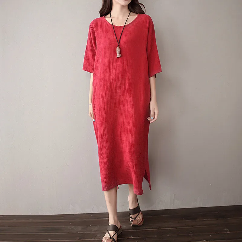 Women Loose Cotton Linen Dress O Neck half Sleeve Vintage dress, plus ...