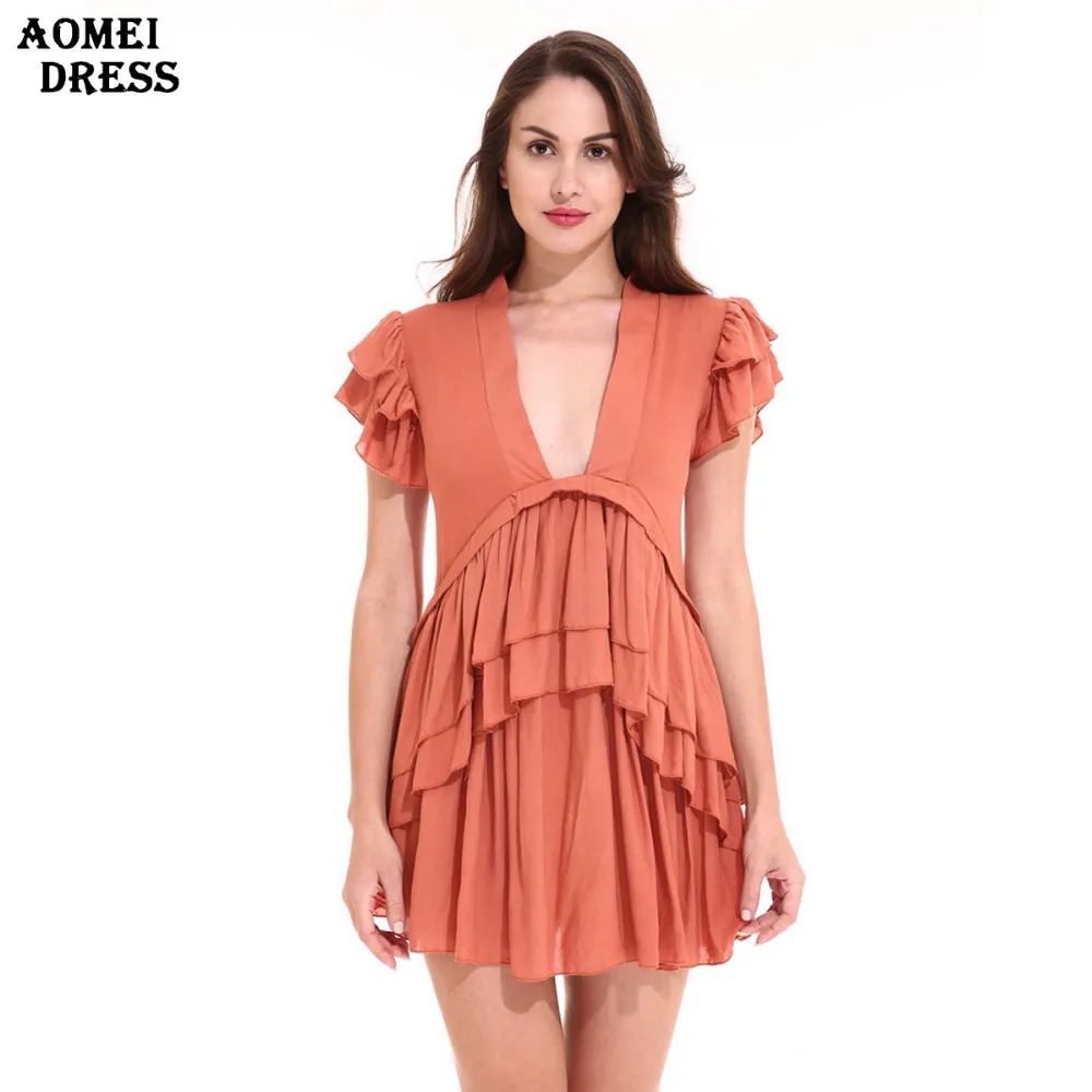 

Summer Women Ruffles Mini Dress Linen Deep V Neck Sexy Mujer Casual S M L XL Party Ladies New Orange Robes Gowns Female Clothing