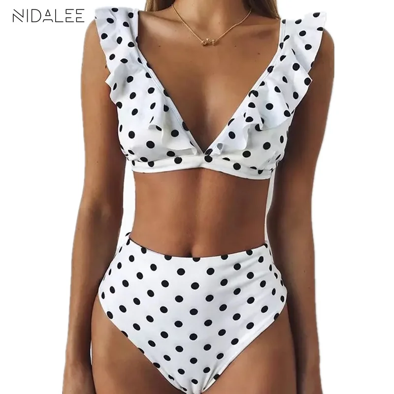 NIDALEE Sexy alta cintura Bikini mujeres traje de baño Push Up traje de baño Bikini conjunto punto encaje Biquinis playa desgaste femenino