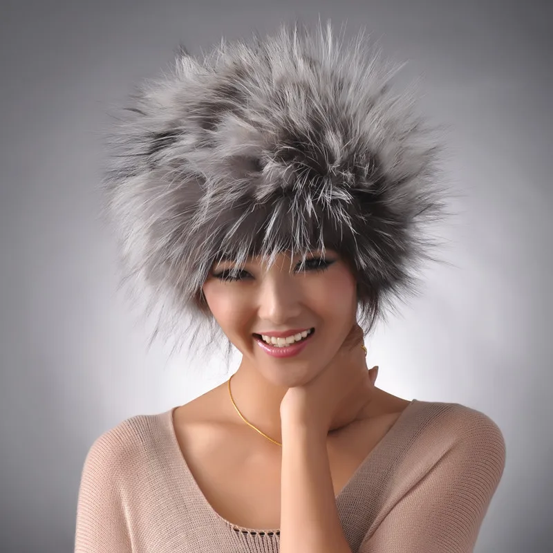 FREE SHIPPING, 100 Genuine Silver Fox Fur Cap, Real Raccoon Fur Hat