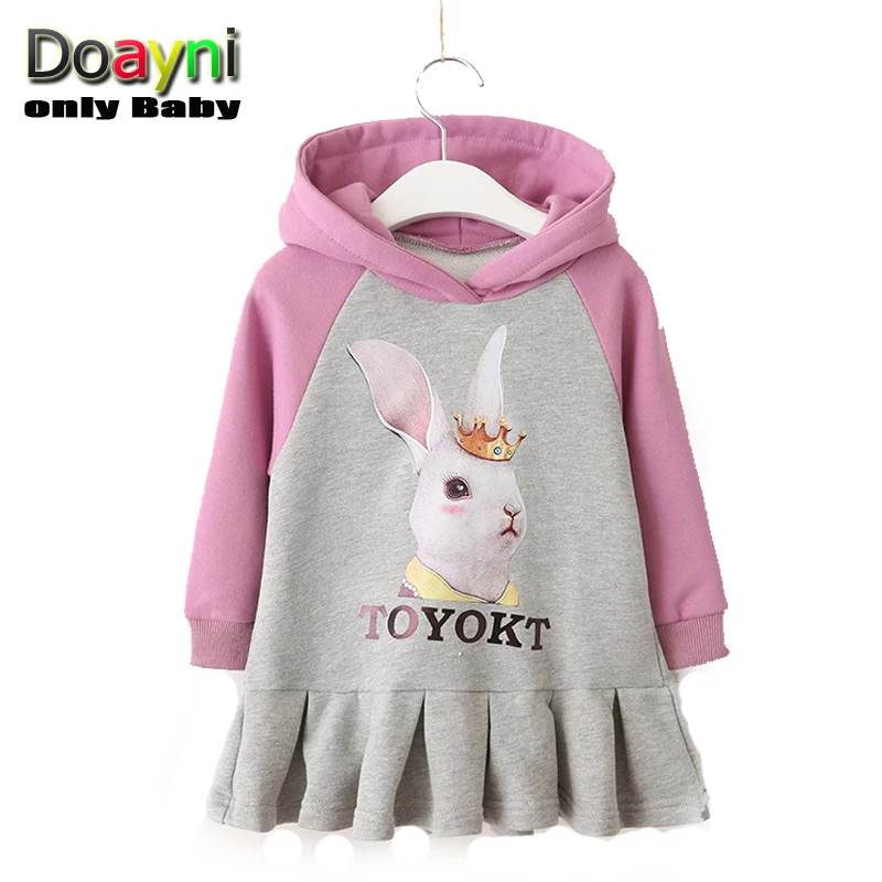 Doayni Baby Autumn Hooded Cartoon Rabbit Sweater Stitching Long Sleeve Dress Activites Girls Clothing Purple Yellow | Детская одежда и