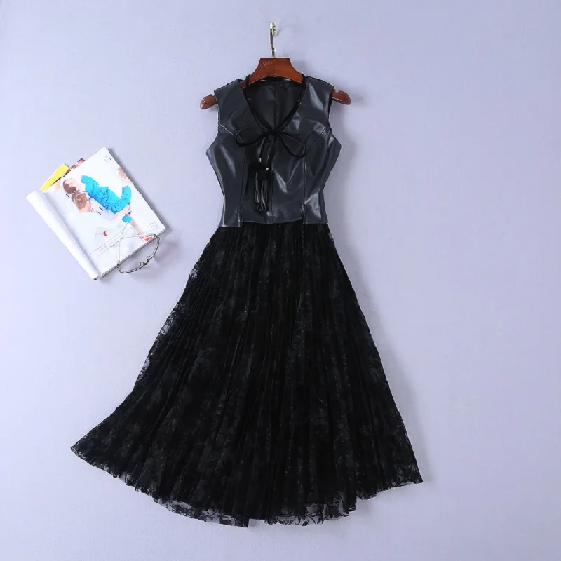 

European Style 2019 Spring Clothes Women V-Neck High Quality PU Leather Flocking Print Patchwork Slim Fit & Flare Dress Sexy