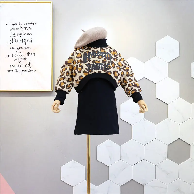 

long dress+Sweatshirt 2pcs baby girls clothes Leopard print hoddies children clothes thick kids girls clothes set roupa menina