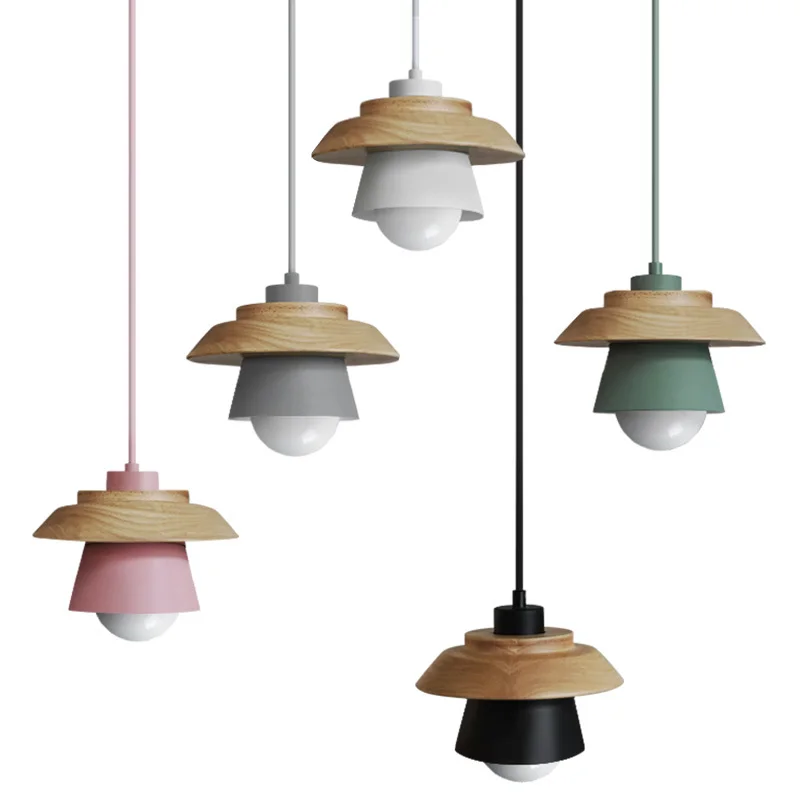 

6PCS Nordic Modern Minimalist Bedroom Small Chandelier Iron Wood Bowl Hall Creative Personality Macarons Restaurant LED Lamp