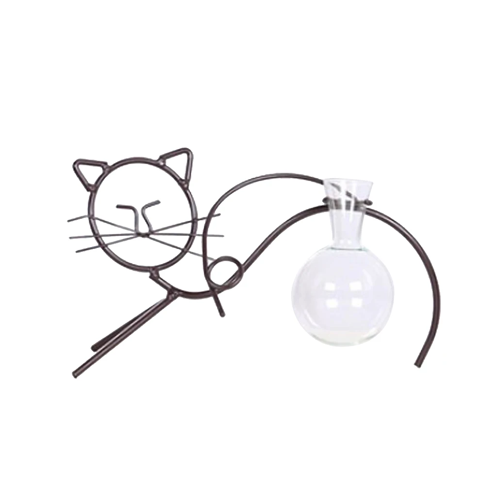 Glass Vase Cat Shape Hydroponic Container Terrarium With Metal Stand Flower Pots for home office house Decoration