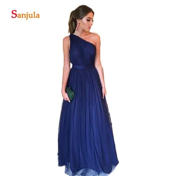 

Navy Blue Tulle A-Line Bridesmaid Dresses One Shoulder Pleats Elegant Prom Dresses Long Backless Wedding Guest Dresses D147