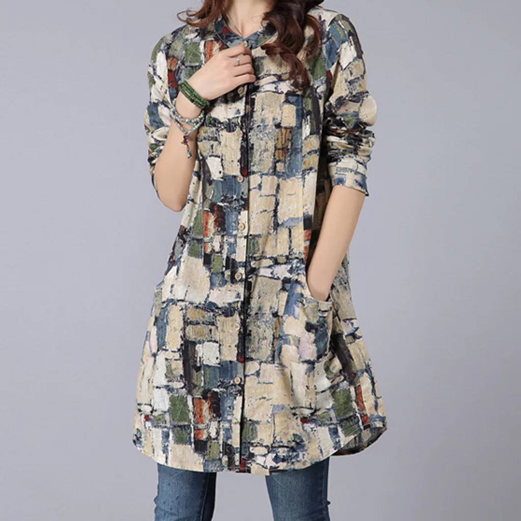 Fashion Top 2019 Women Mid-length Cotton Linen Long-sleeved Shirt Printed Collar Top T-Shirt