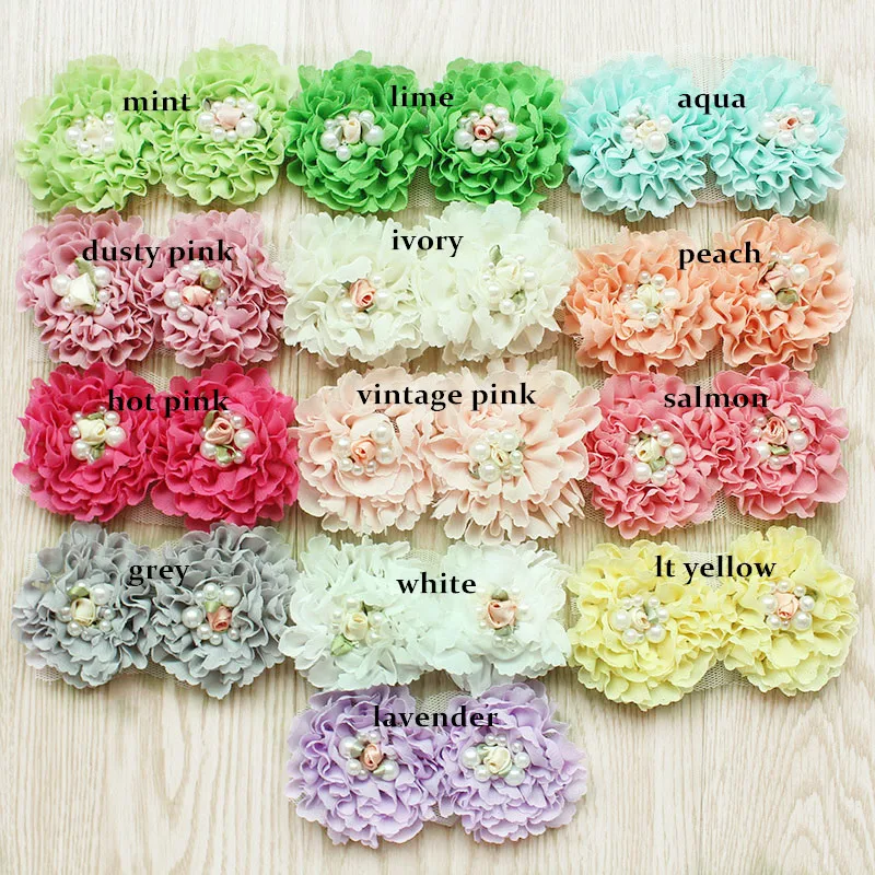 

120 pcs/lot , shabby chiffon flowers with pearl for girls hair accessories headband accessories
