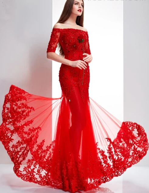 Chinese Red Prom Dresses Boat Neck Off The Shoulder Half Court Train Chinese Red Prom Dresses Boat Neck Off The Shoulder Half Court Train Beaded Evening