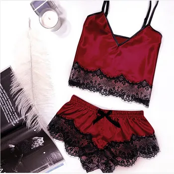 

Hot Sale womens pajamas Sexy Satin Sling Sleepwear Lingerie Lace Bowknot Nightdress Underwear pyjama sexy femme#f