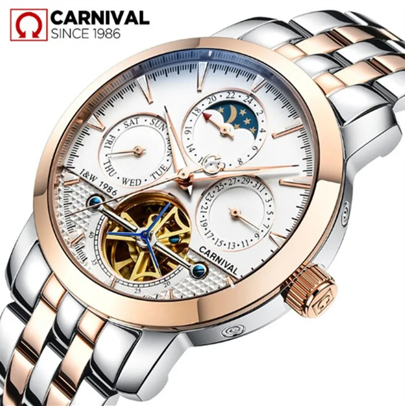 

2016New Carnival Tourbillon full steel watches luxury men automatic mechanical Waterproof watch moon phase military brand montre