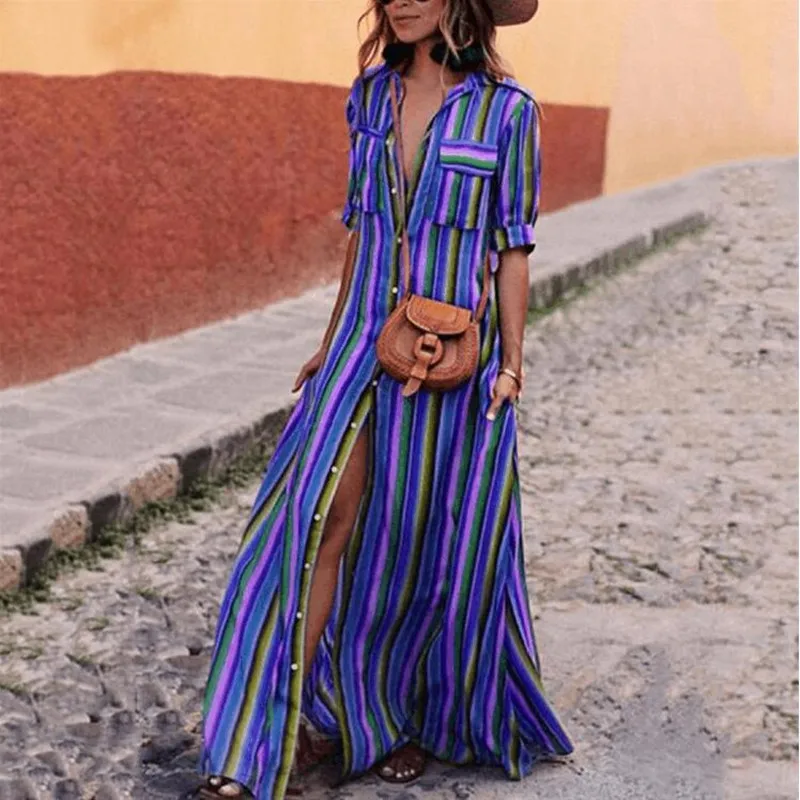

WIPU 4 Colors Elegant 3XL Plus Size Maxi Dress Colorful Striped Notched Beach Long Dresses 2019 Button A Line Boho Autumn Dress