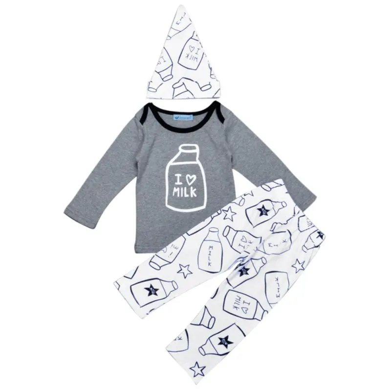 

3Pcs Infant Baby Kids Boy Girl Long SleeveClothing Set Love Milk Shirt Tops+Pants+Hat Outfits Set