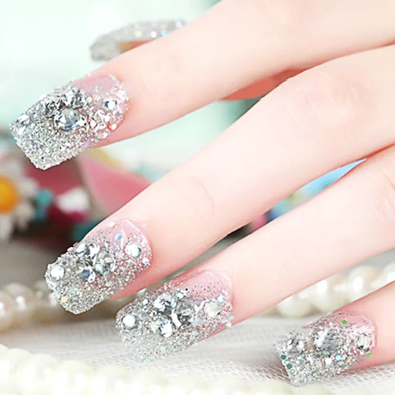 24 шт./компл. нажмите на накладные ногти для женщин блестящими серебристыми переливами, с украшением в виде кристаллов 3D Стразы искусственные накладные ногти Свадебные накладные ногти