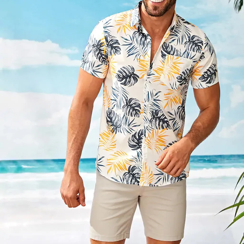 Мужская рубашка Camisa рубашка с коротким рукавом мужская рубашка уличная стойка воротник полоса Гавайская печать блузка Топ Camisa masculina