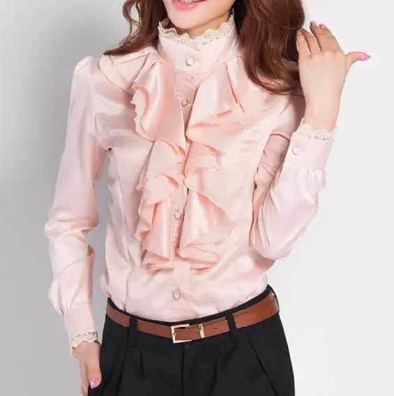 Женская атласная блузка высокого качества с кружевным воротником-стойкой и длинным рукавом с оборками, женская тонкая блуза OL