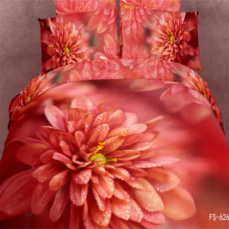 الأحمر داليا الزهور 3d وحة زيتية مجموعات الفراش الملكة حجم القطن الخالص رد الفعل الطباعة ملاءات السرير غطاء لحاف نوم مجموعات