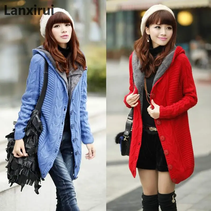 Lady Winter Hooded Fleece Liner Cashmere Cardigan Knitted Sweater Coat Women Thick Warm Long Sleeve Knit Weave Long Jacket Tops