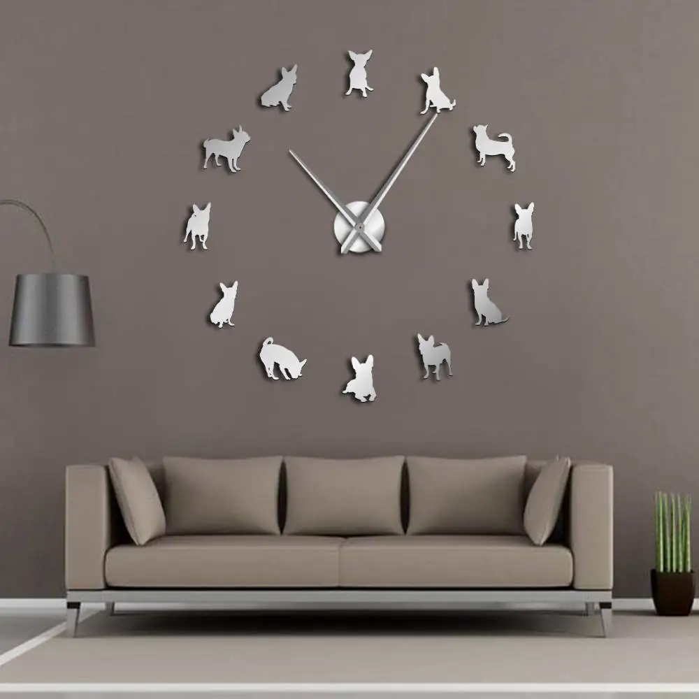 Comprar Chihuahua perro DIY Wall Art gigante Reloj de pared de acrílico razas de perros Puppy Pug agujas grandes moderno DIY reloj Chihuahua regalo de la mamá
