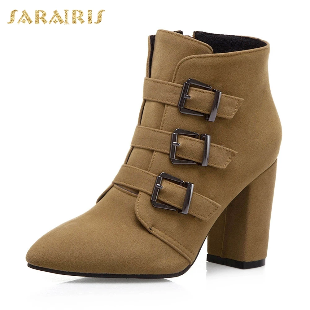 

Sarairis New Fashion Plus Size 35-50 Belt Buckle Pointed Toe High Heels Shoes Woman Party Office Autumn Winter Ankle Boots