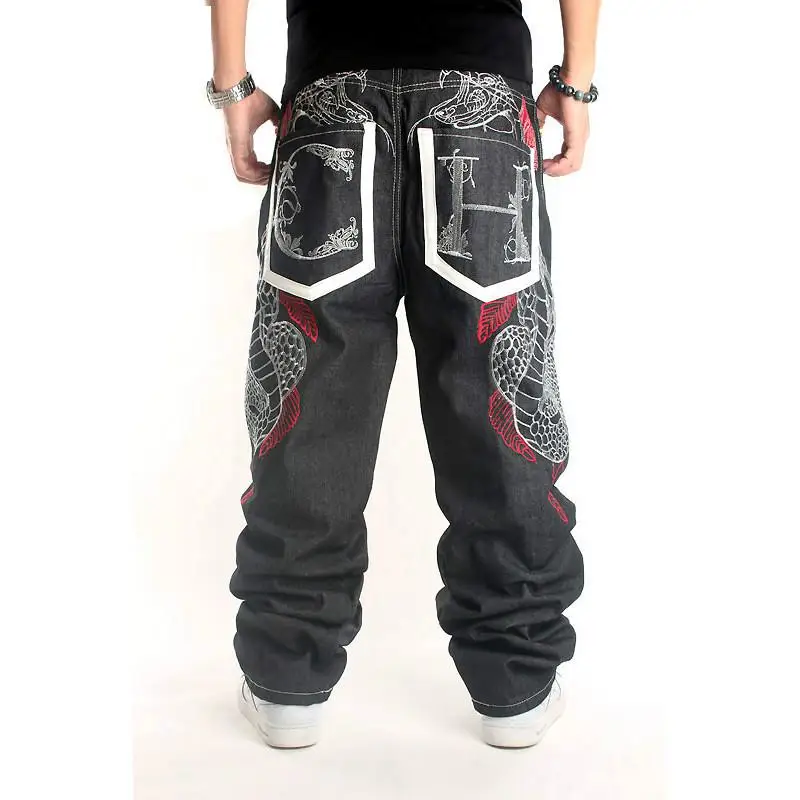 

2018 Fashion Harem Men Baggy Jeans Big Sizes 44 Mens Hip Hop Jeans Long Loose Fashion Skateboard Python Embroidery Jeans For Man