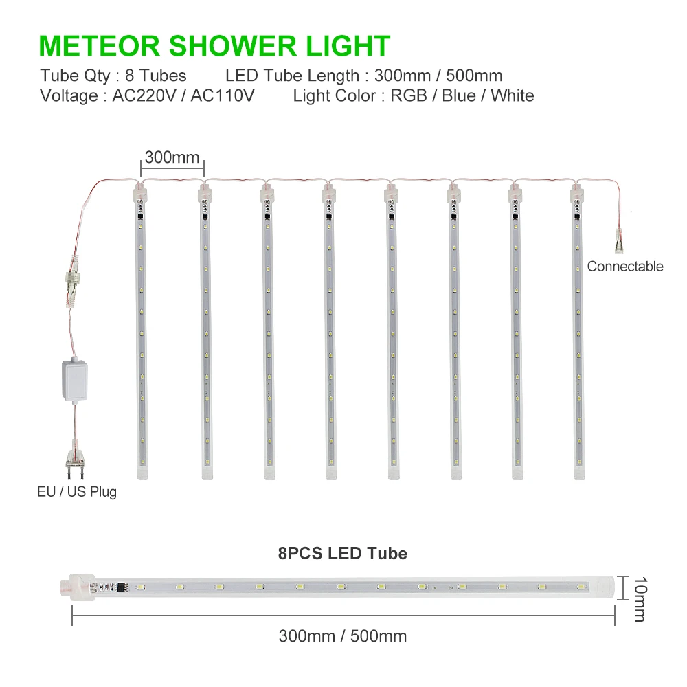 ANBLUB 30cm 50cm Waterproof Meteor Shower Rain 8 Tube LED String Lights For Outdoor Holiday Christmas Decoration Tree EU/US Plug