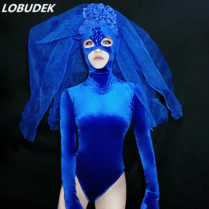 Women Leotard Stage Wear Blue Crystal Mask Bodysuit Sexy Backless Costume Bar Party
