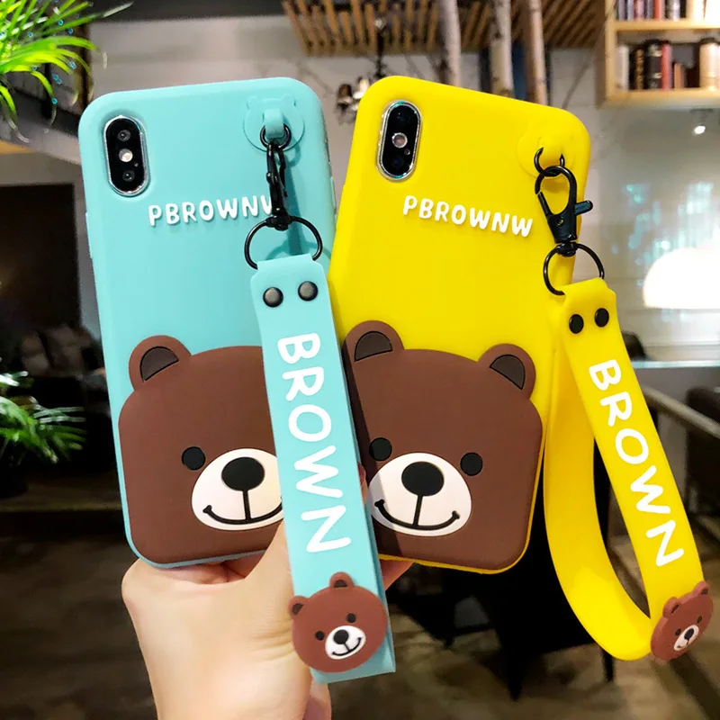 

For Iphone X Mobile Shell Cute Cartoon Brown Bear Silicone Soft Shell Cover for Iphone 6 6P 7 7P 8 with Wrist Strap