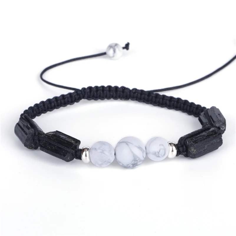 

Healing Rough Tourmaline Semi Precious Mineral Stone Beads Charm White Howlite Adjustable Macrame Bracelet for Unisex Women Man